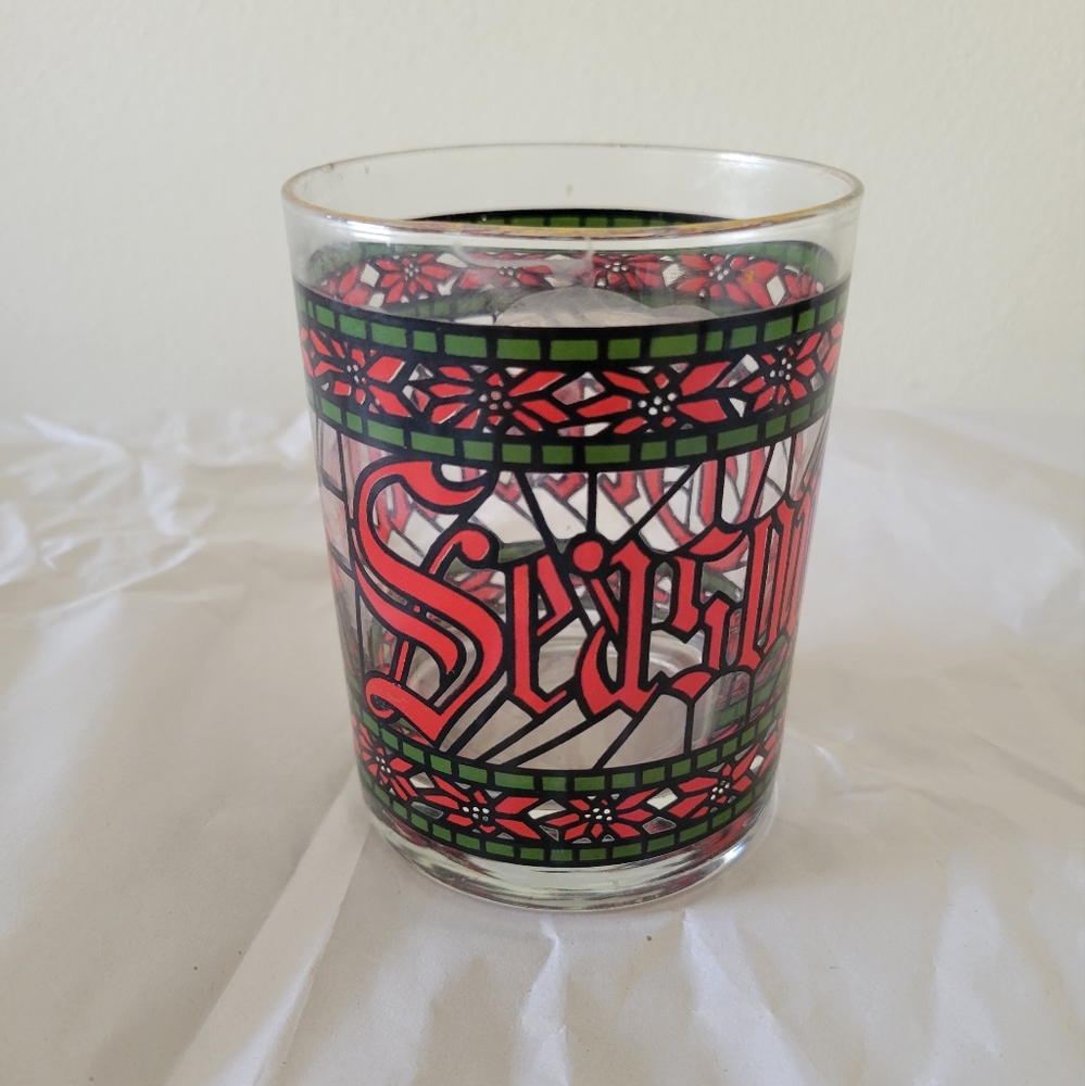 Vintage HOUZE Glass SEASONS GREETINGS Holiday Christmas STAINED GLASS Rocks glas